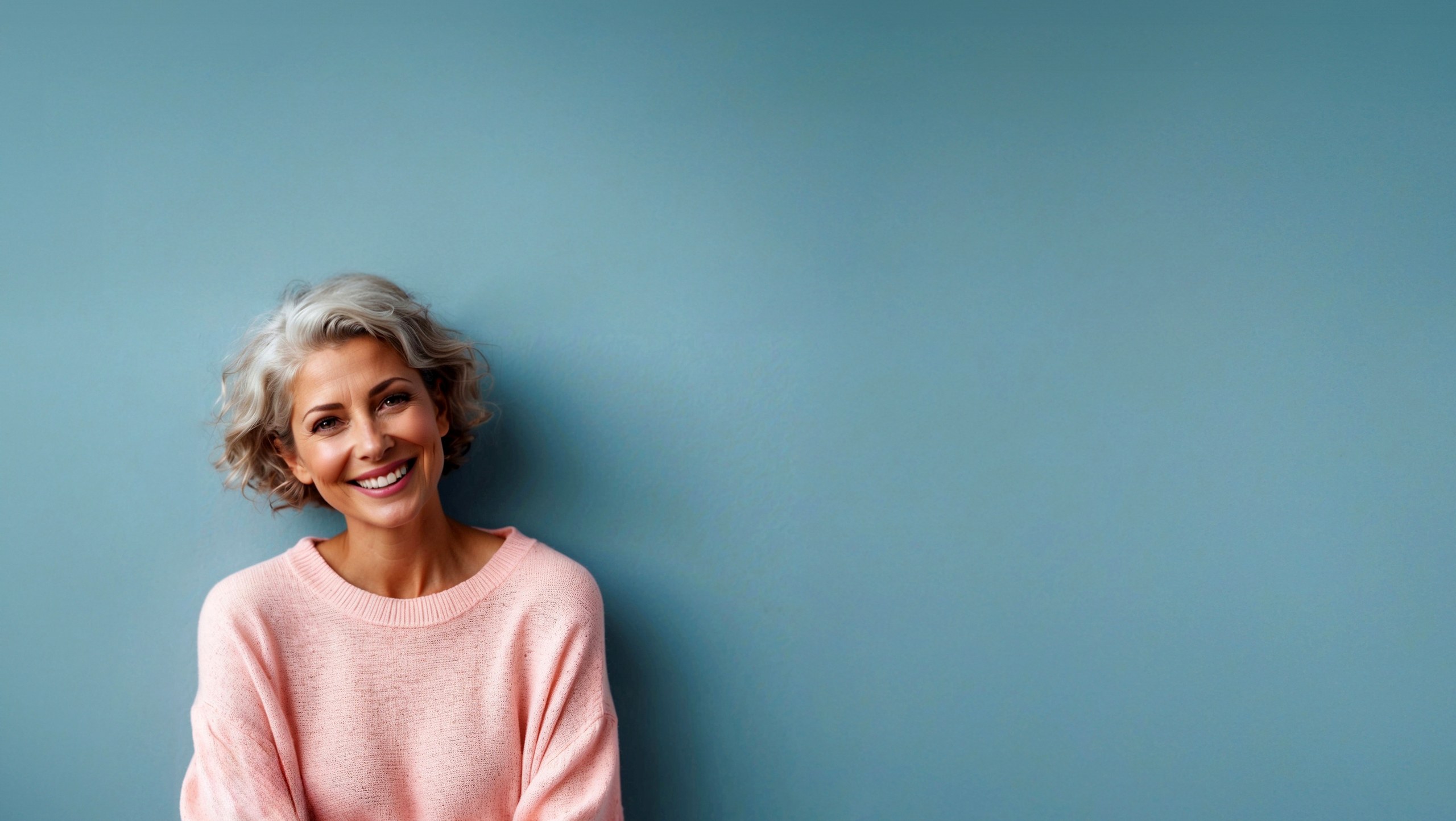 Lächelnde Frau mit grauen Locken in rosa Pullover vor blauem Hintergrund